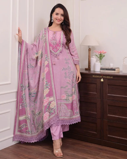ZYFA Dreamy Lavender Floral Print Kurta Set with Lace Border Dupatta for Women