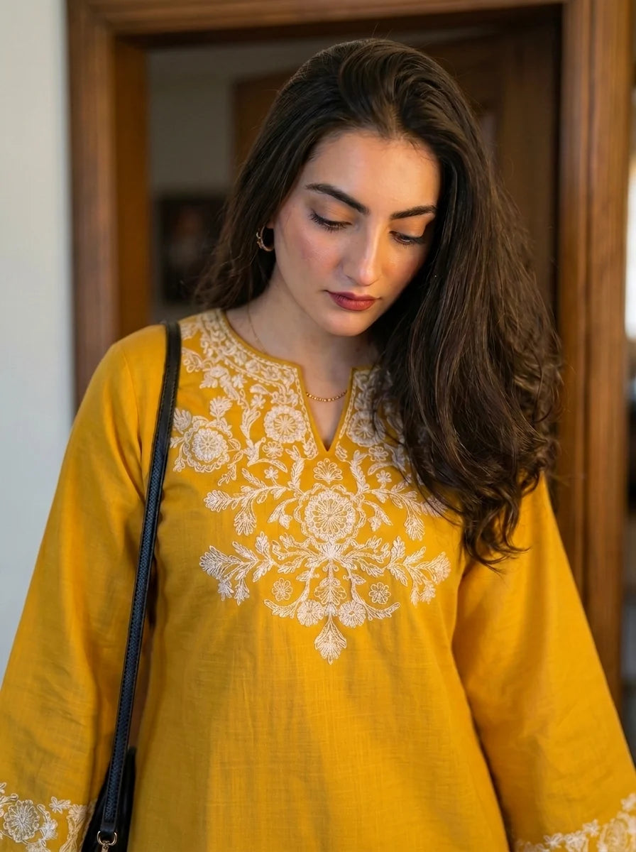 ZYFA Yellow Embroidered Cotton Kurta Set with Palazzo Pants for Women