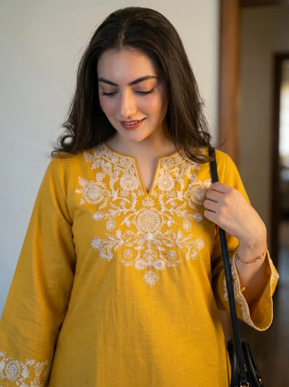 ZYFA Yellow Embroidered Cotton Kurta Set with Palazzo Pants for Women