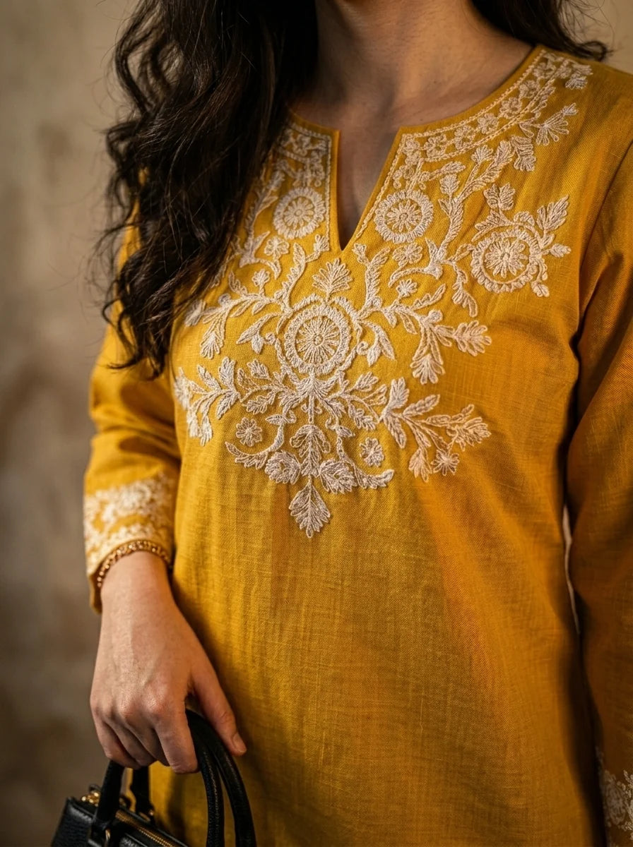 ZYFA Yellow Embroidered Cotton Kurta Set with Palazzo Pants for Women