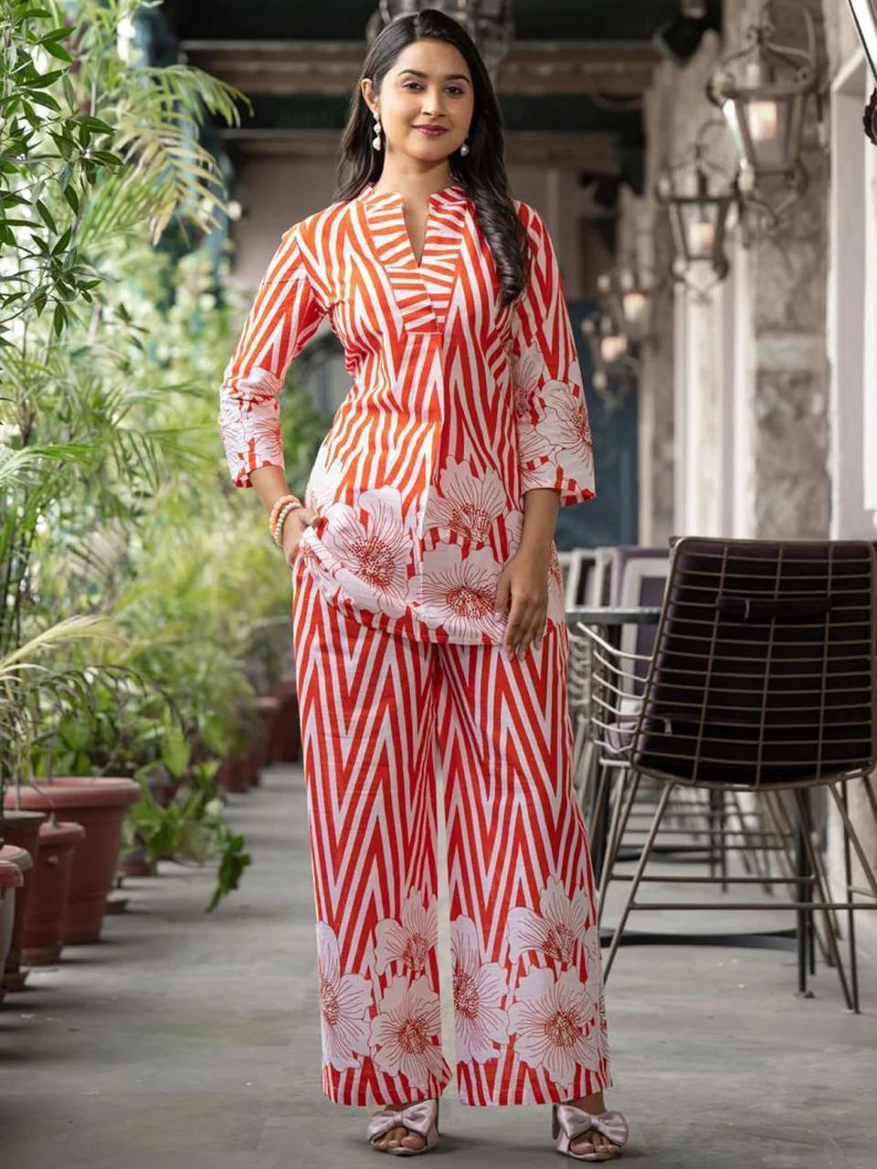 ZYFA Women’s Orange Chevron & Floral Printed Ethnic Co-Ord Set