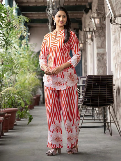 ZYFA Women’s Orange Chevron & Floral Printed Ethnic Co-Ord Set