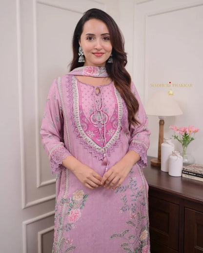 ZYFA Dreamy Lavender Floral Print Kurta Set with Lace Border Dupatta for Women