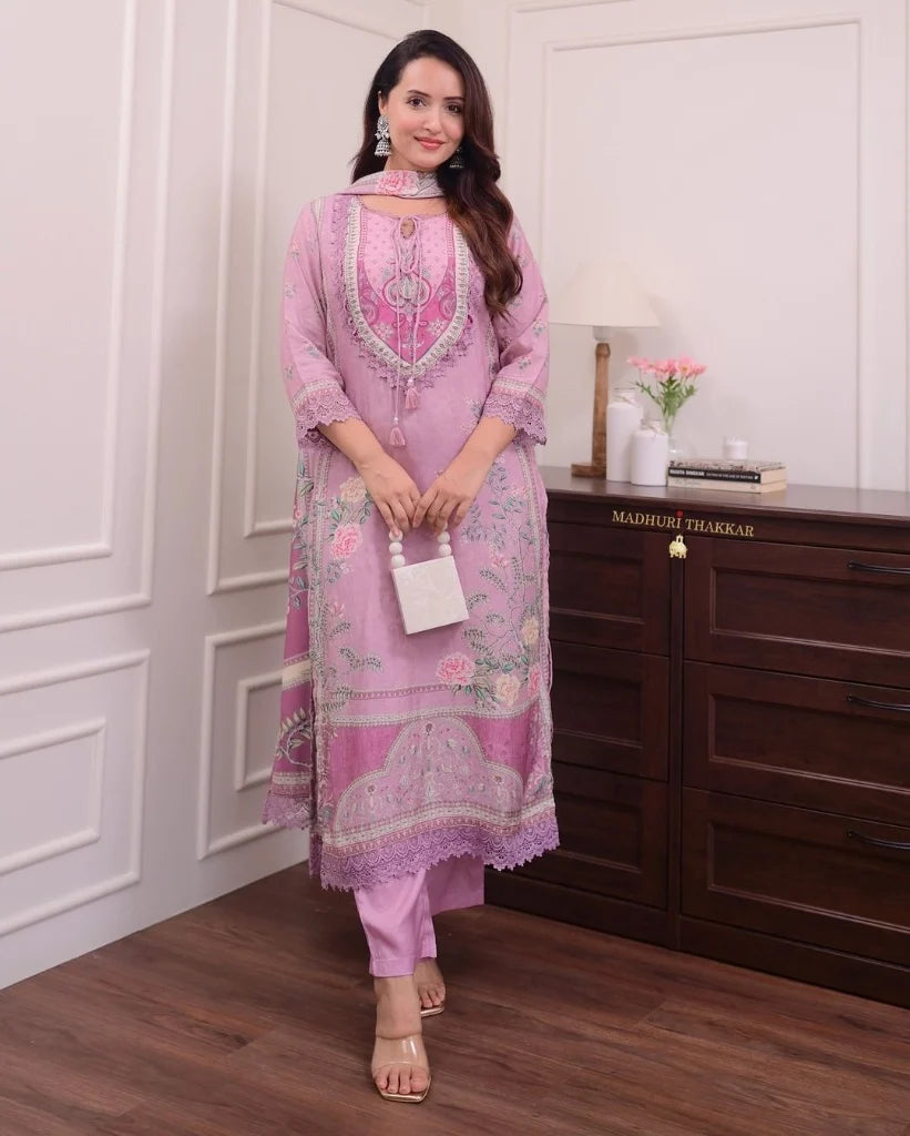 ZYFA Dreamy Lavender Floral Print Kurta Set with Lace Border Dupatta for Women