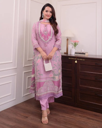 ZYFA Dreamy Lavender Floral Print Kurta Set with Lace Border Dupatta for Women