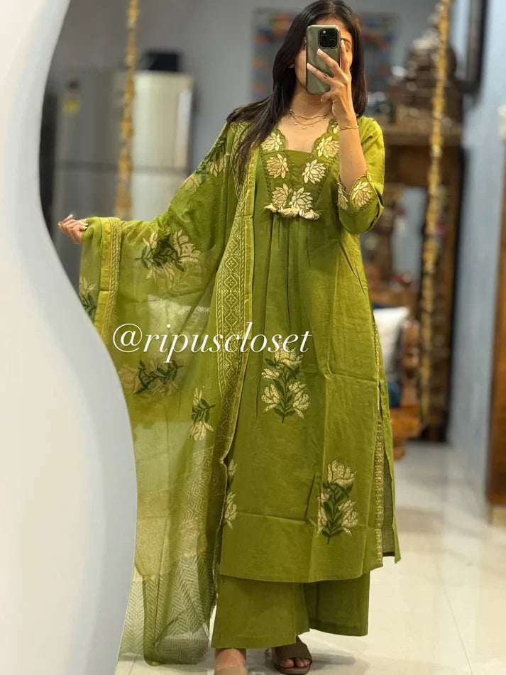 ZYFA Green Floral Embroidered Cotton Kurta Set with Dupatta for Women