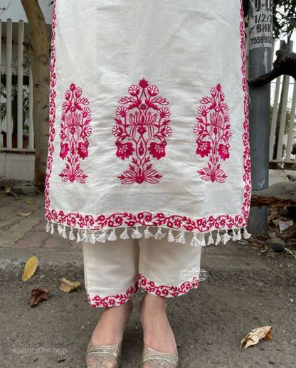 ZYFA Women’s White Cotton Kurta Pant Set with Pink Kashmiri Embroidery