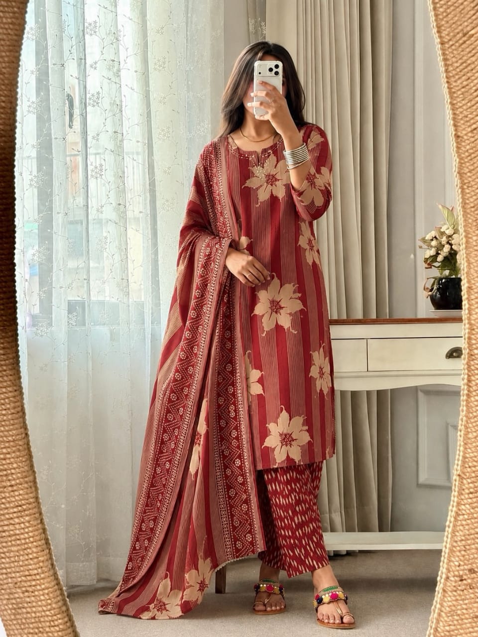 ZYFA Women’s Maroon Floral Printed Kurta Pant Set with Dupatta