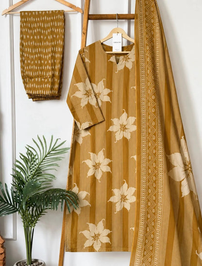 ZYFA Women’s Mustard Yellow Floral Printed Kurta Pant Set with Dupatta