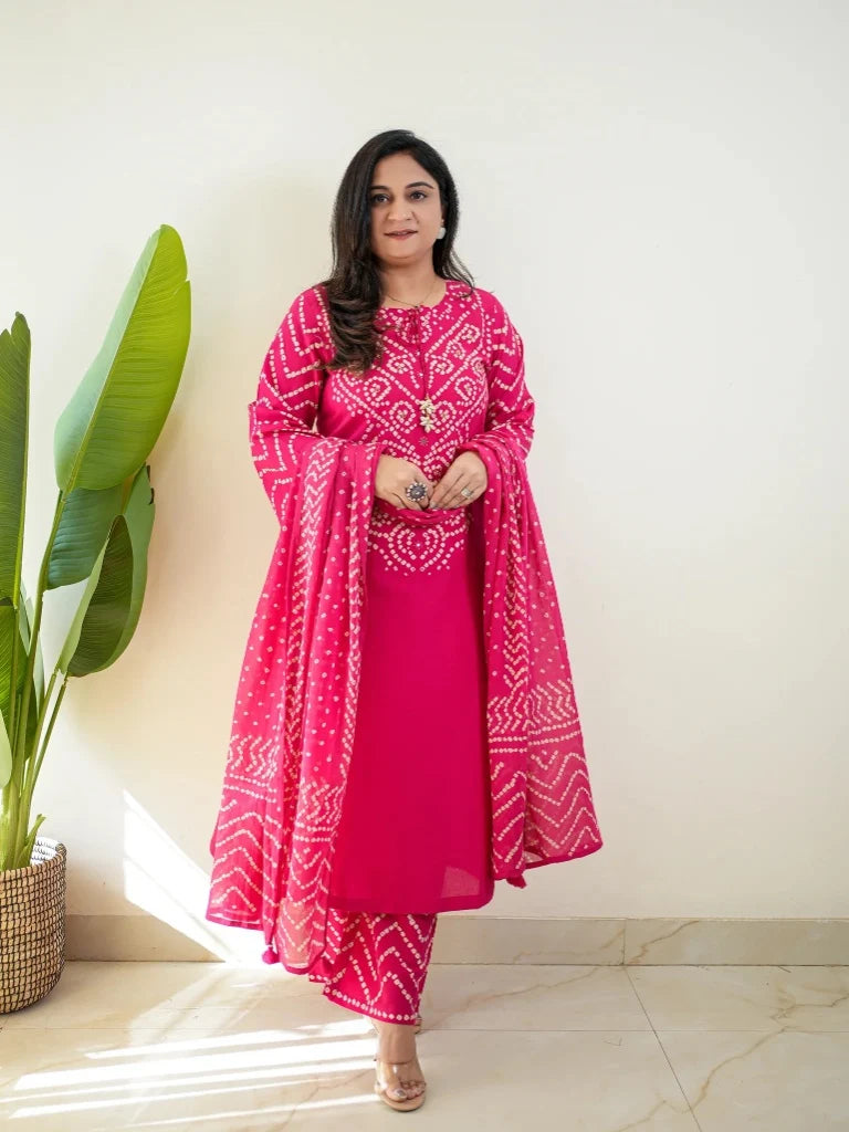 ZYFA Women’s Pink Bandhani Printed Cotton Kurta Set with Dupatta
