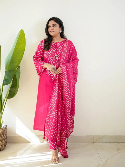 ZYFA Women’s Pink Bandhani Printed Cotton Kurta Set with Dupatta