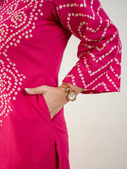 ZYFA Women’s Pink Bandhani Printed Cotton Kurta Set with Dupatta