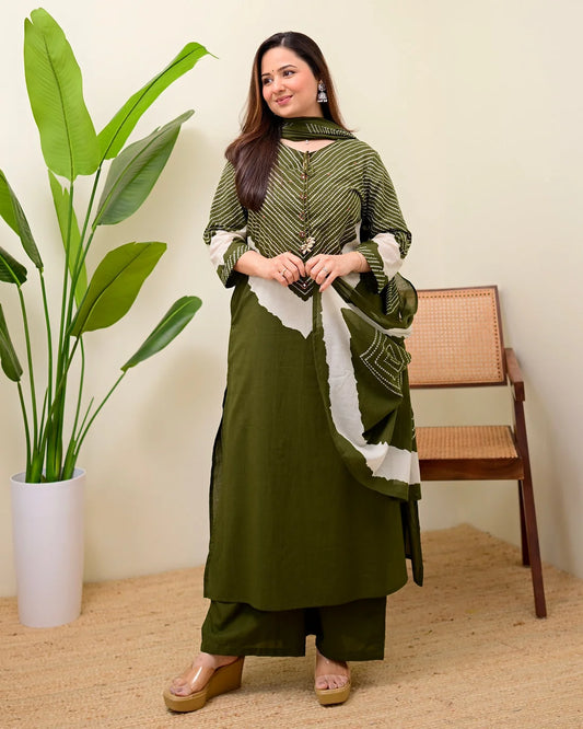 ZYFA Olive Green Bandhej Cotton Palazzo Suit Set for Women with Dupatta