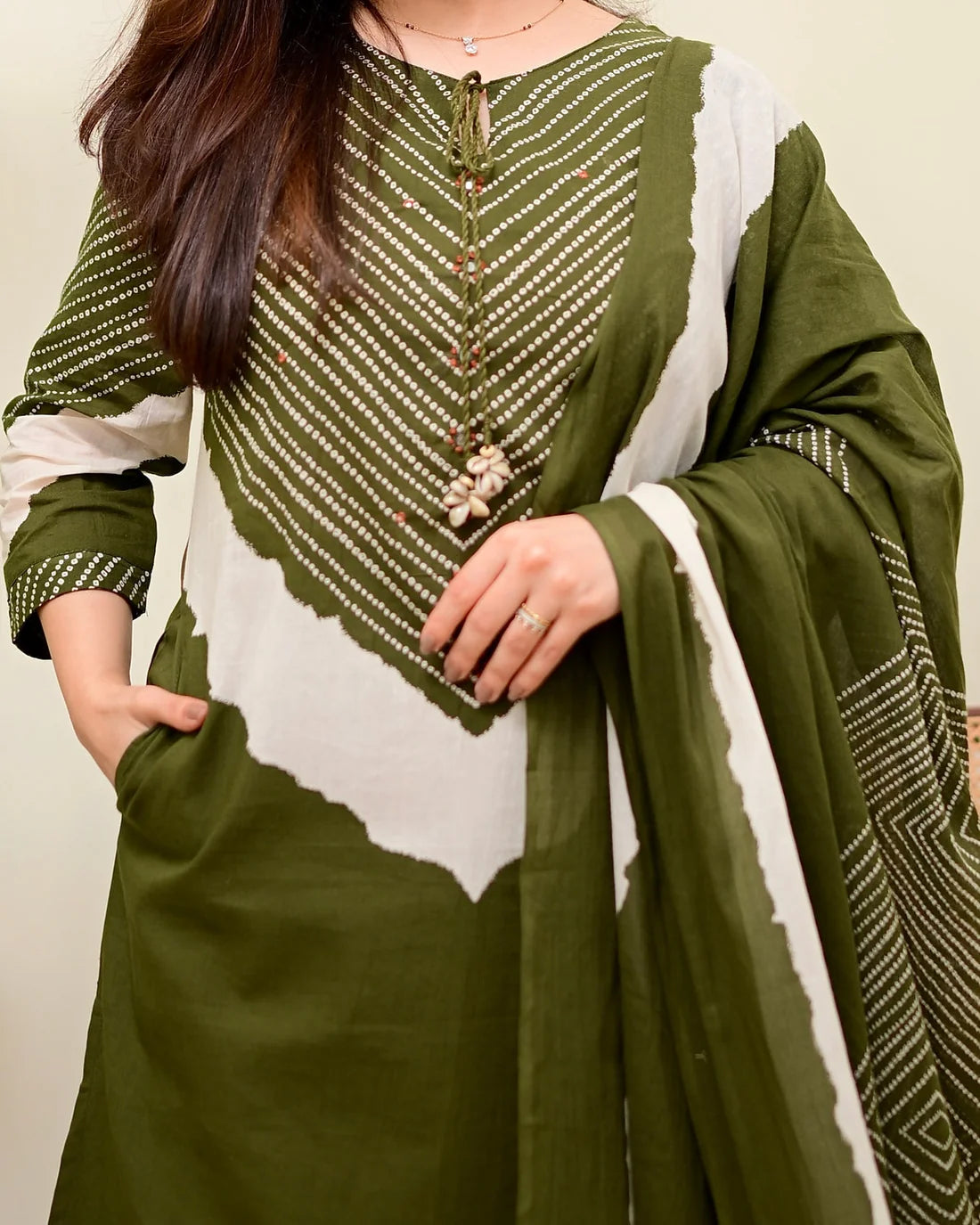 ZYFA Olive Green Bandhej Cotton Palazzo Suit Set for Women with Dupatta