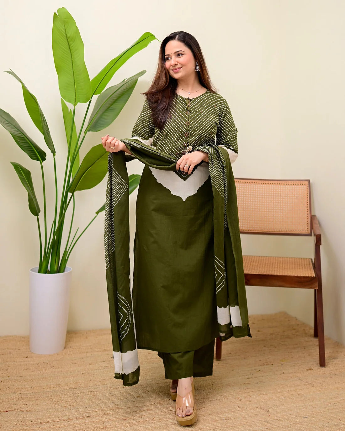 ZYFA Olive Green Bandhej Cotton Palazzo Suit Set for Women with Dupatta