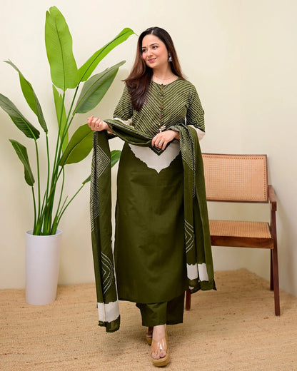 ZYFA Olive Green Bandhej Cotton Palazzo Suit Set for Women with Dupatta
