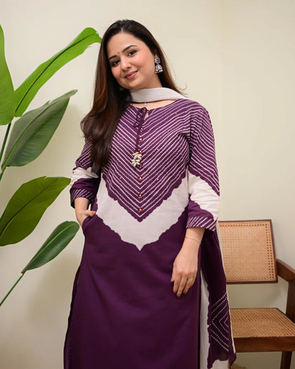 ZYFA Jamuni Bandhej Cotton Palazzo Suit Set for Women with Dupatta