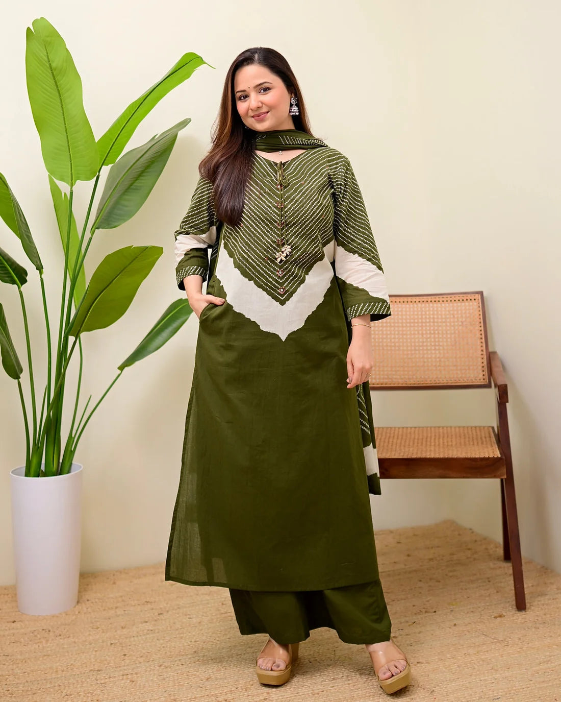 ZYFA Olive Green Bandhej Cotton Palazzo Suit Set for Women with Dupatta