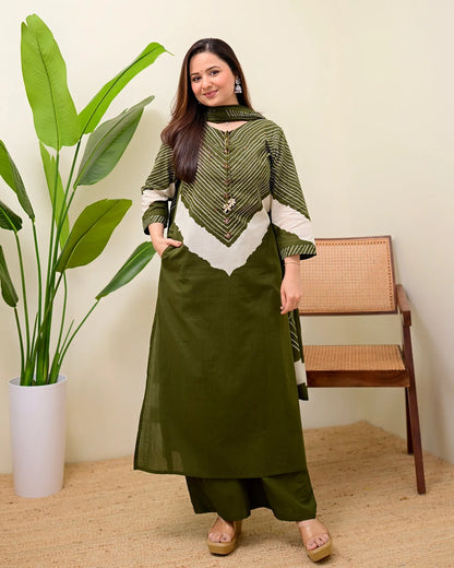 ZYFA Olive Green Bandhej Cotton Palazzo Suit Set for Women with Dupatta