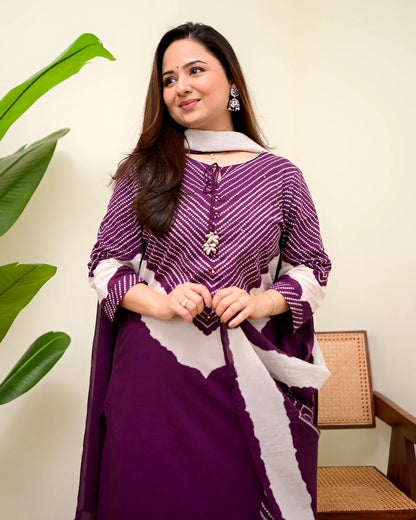 ZYFA Jamuni Bandhej Cotton Palazzo Suit Set for Women with Dupatta