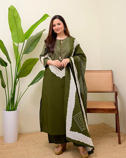 ZYFA Olive Green Bandhej Cotton Palazzo Suit Set for Women with Dupatta