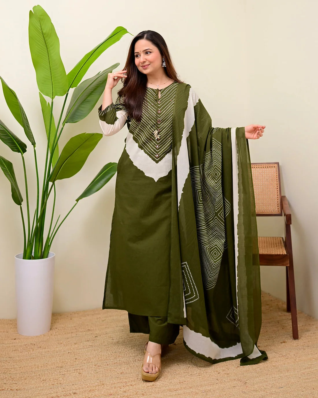 ZYFA Olive Green Bandhej Cotton Palazzo Suit Set for Women with Dupatta