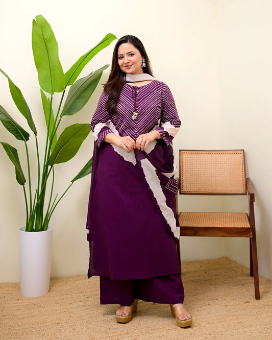 ZYFA Jamuni Bandhej Cotton Palazzo Suit Set for Women with Dupatta