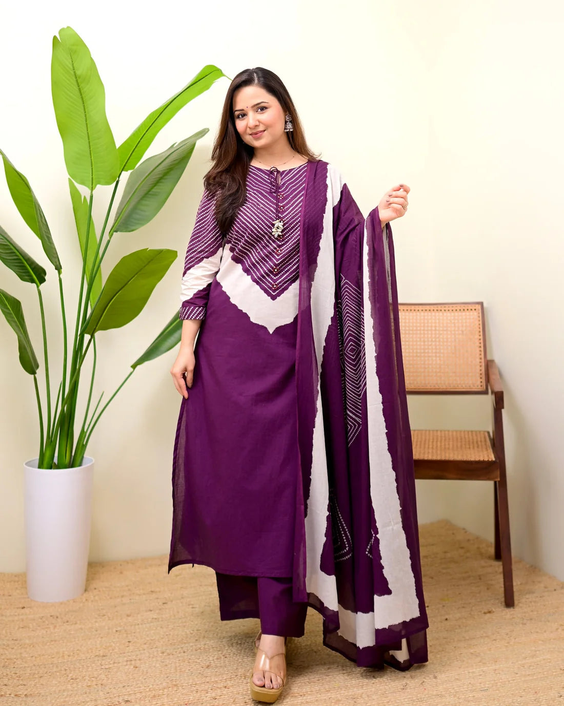 ZYFA Jamuni Bandhej Cotton Palazzo Suit Set for Women with Dupatta