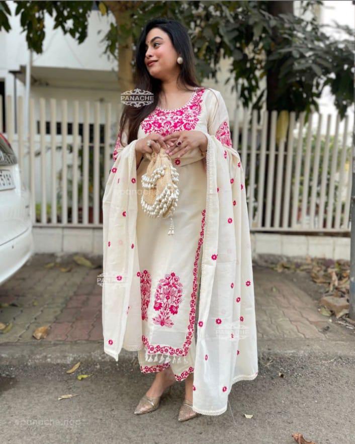 ZYFA Women’s White Cotton Kurta Pant Set with Pink Kashmiri Embroidery
