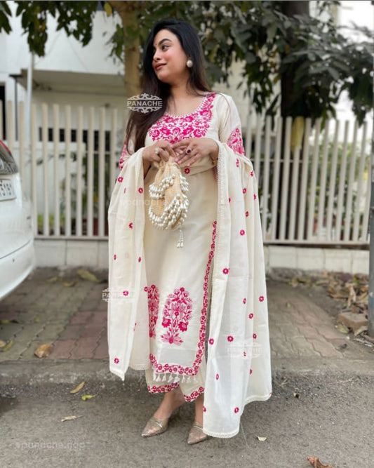 ZYFA Women’s White Cotton Kurta Pant Set with Pink Kashmiri Embroidery