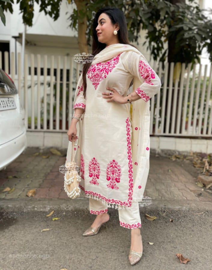 ZYFA Women’s White Cotton Kurta Pant Set with Pink Kashmiri Embroidery